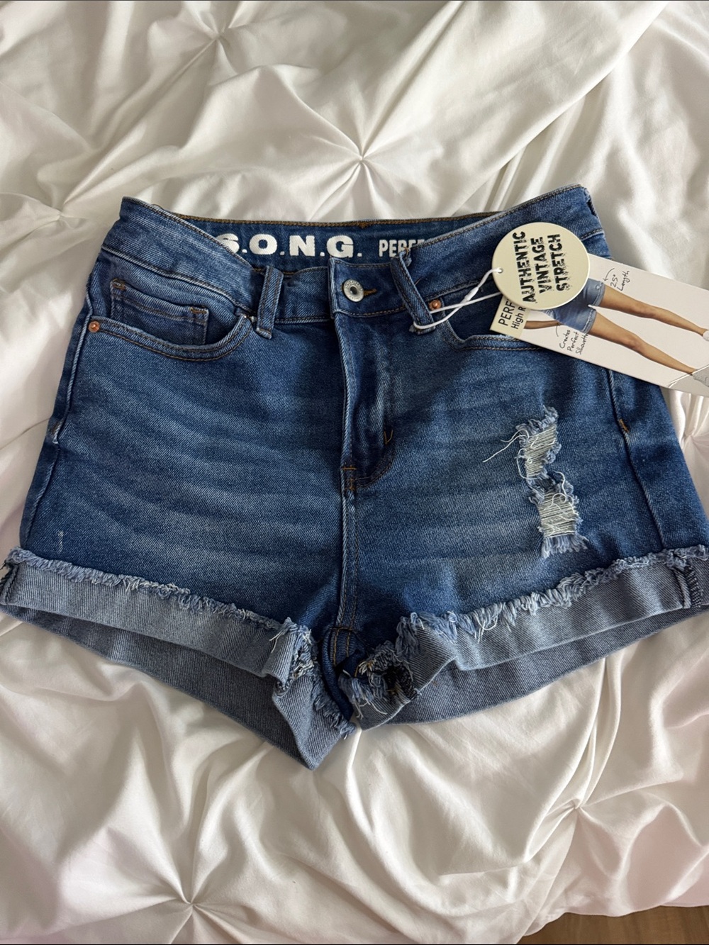 A•G•O•N.G. Mid-Rise Distressed Denim Jean Shorts - Dark Blue